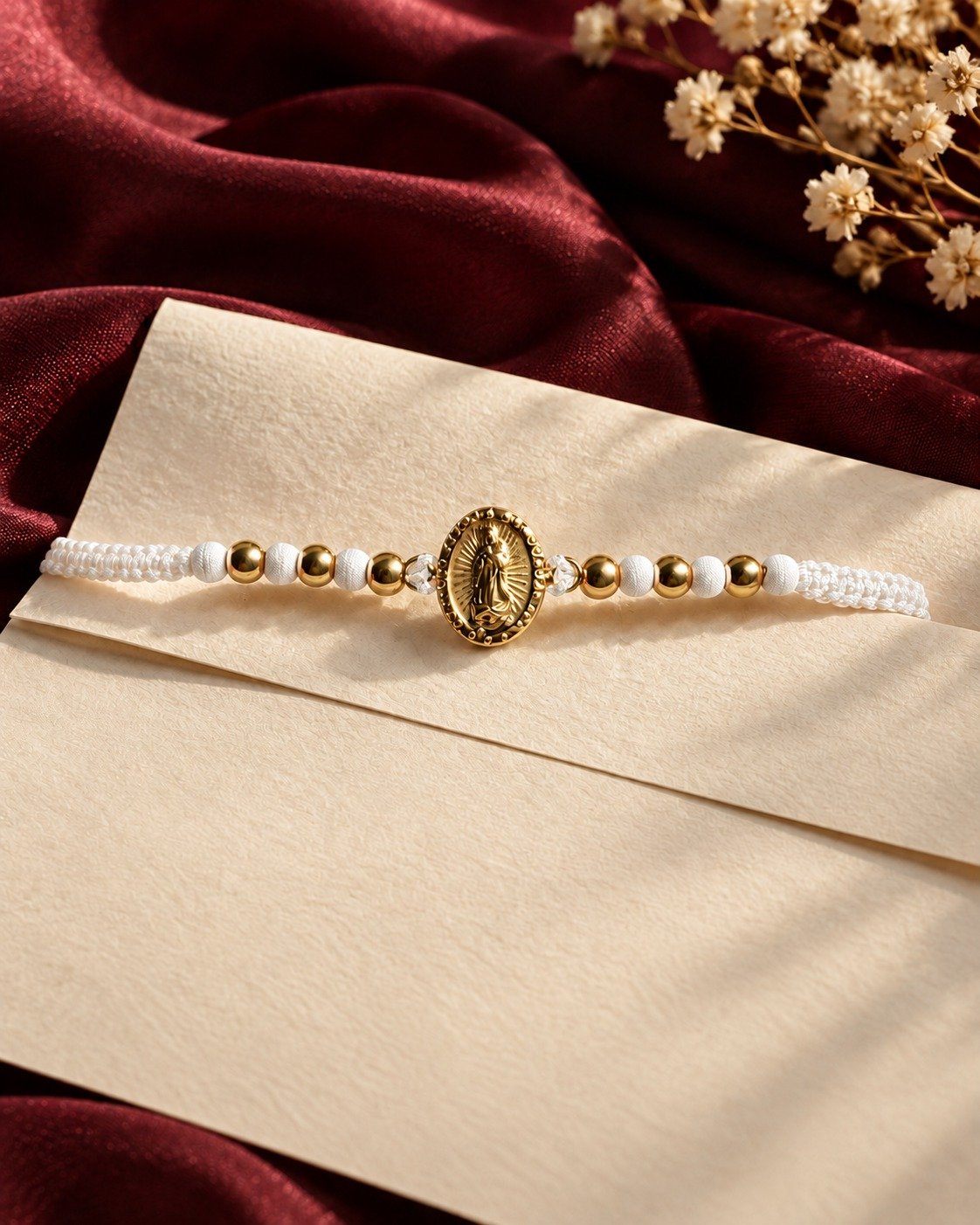 Pulsera Ancestral tejida en blanco con medalla de la Virgen, sobre un sobre de papel y terciopelo vino